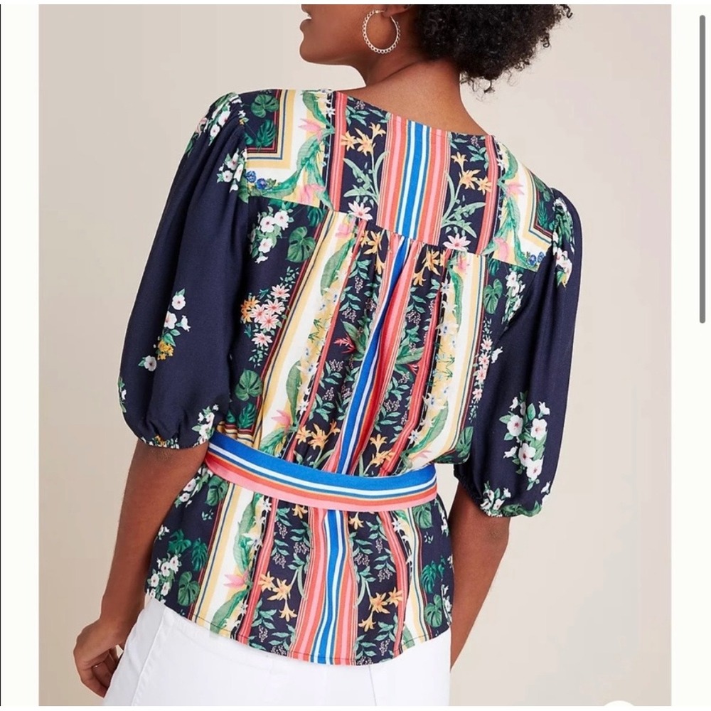 Farm Rio for Anthropologie Tropical Floral Striped Wrap Blouse Navy XL - Picture 15 of 15